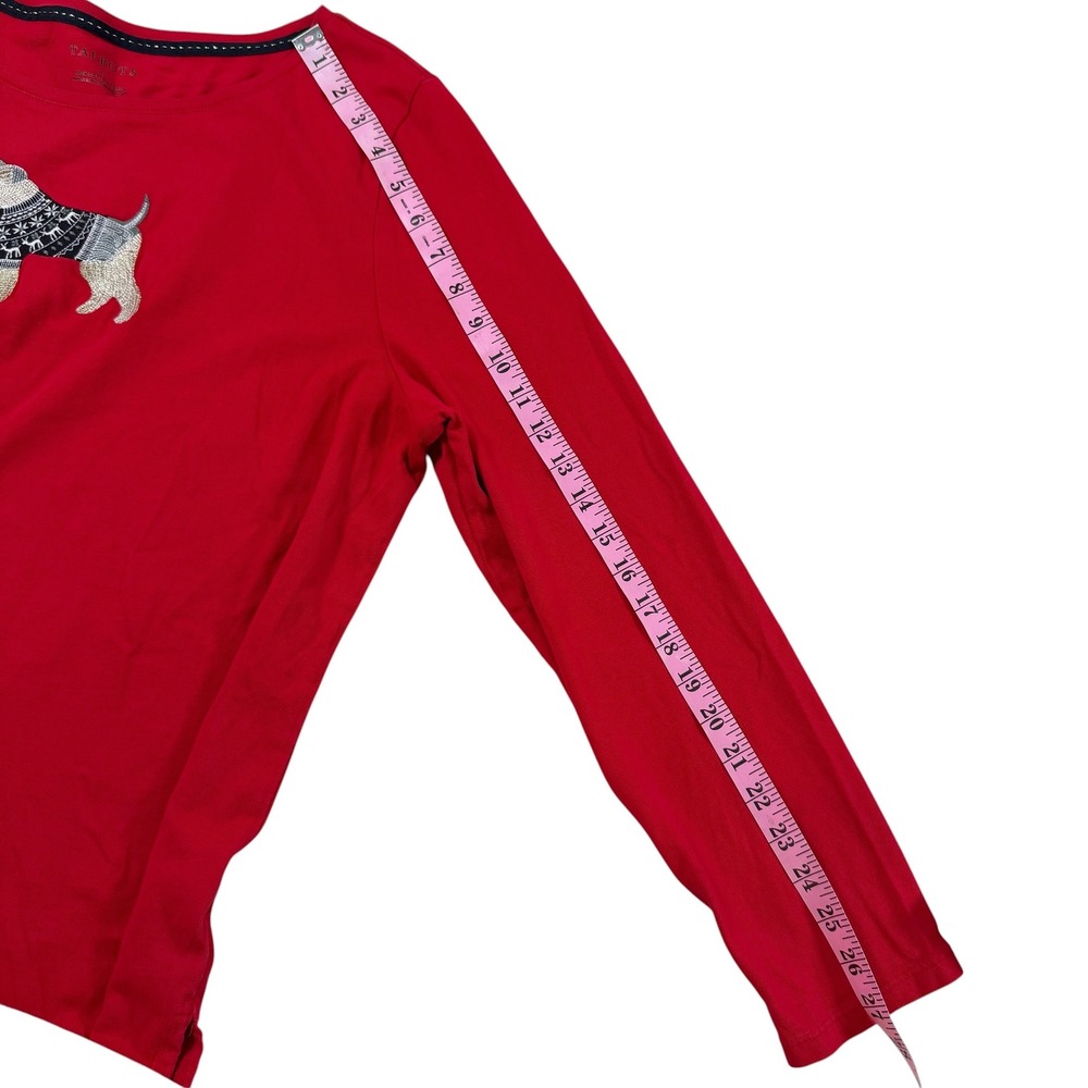 Talbots Womens XL Red Cotton Long Sleeve Tee Embroidered Terrier‎ Dog Graphic - Picture 6 of 9